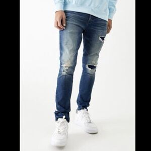 PACSUN Dark Blue Wash Ripped Stacked Skinny Jeans Stretch Denim Men’s 34x32